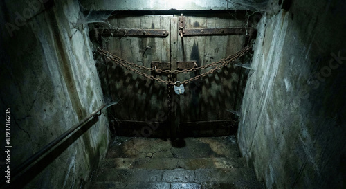 Foto Rusty Chains and Padlock Locking Old Wooden Basement Doors