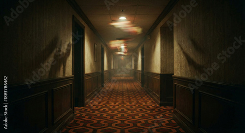 Foto Ghostly Spirits Floating in Long Hotel Corridor Hallway