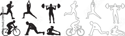 Black Sport and Fitness Vector Icons Set with Running, Cycling, Yoga, and Weightlifting Silhouettes isolated PNG with Transparent Background
