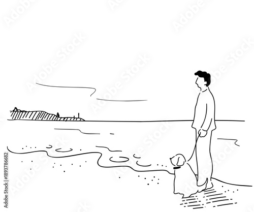 犬と海岸を散歩する男性の線画イラスト