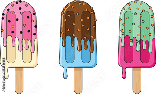 Colorful melting popsicle ice cream set with sprinkles, sweet frozen dessert treats for summer illustration