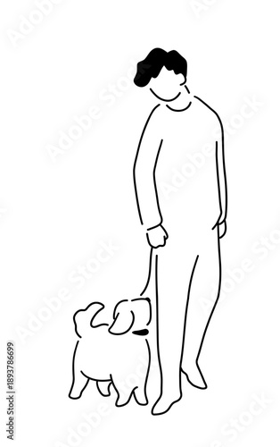 犬と散歩中の男性の線画イラスト