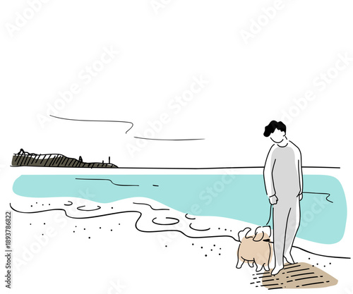 犬と海岸を散歩する男性の線画イラスト　色付き