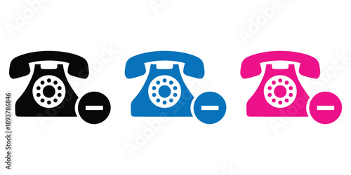 Rotary phone remove icon set. black, blue, and pink vintage telephones