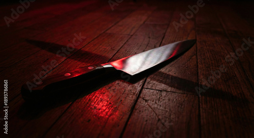 Tableau sur toile Sharp Kitchen Knife on Wooden Floor with Dramatic Red Light