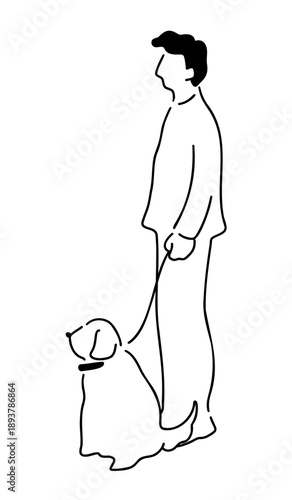 犬と散歩中の男性の線画イラスト