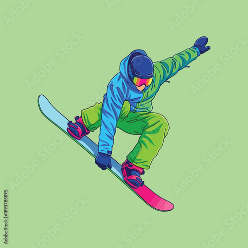 Snowboarder in mid-air performing a trick on a green background.