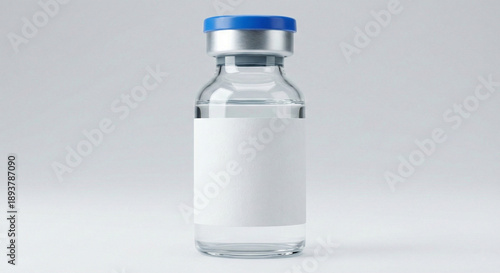 Fotografie Glass Vaccine Vial with Blank White Label on White Background