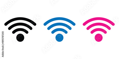 Three colorful wi-fi icons in black, blue, and pink on white background. wireless network icon