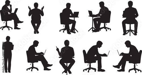 Silhouettes of business people working in various office settings