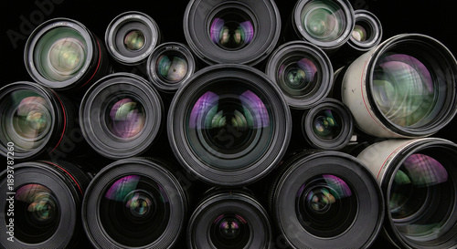 Obraz na plátně Collection of Professional Camera Lenses on Black Background