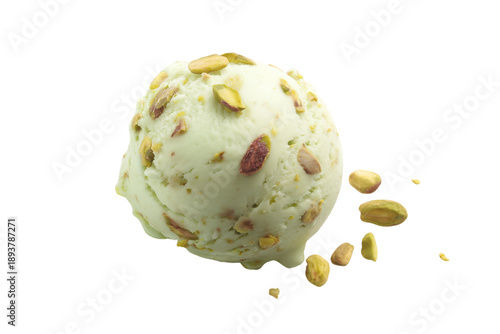 Single scoop of pistachio ice cream with whole and crushed nuts isolated on transparent or white background, png