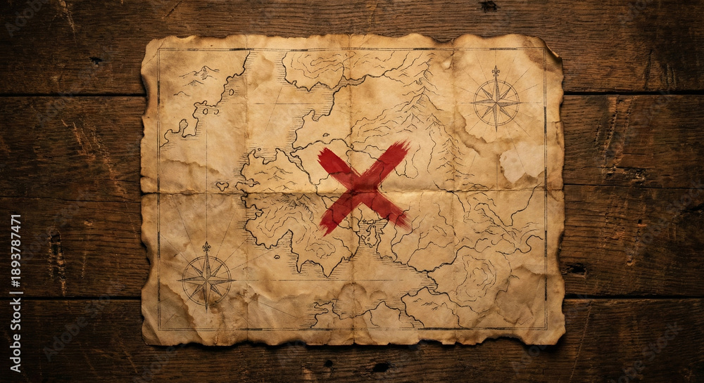 Naklejka premium Old Vintage Treasure Map with Red X Mark on Wooden Table