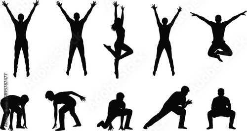 Fitness silhouette poses set showing dynamic human movements, exercise positions, jumping actions, stretching forms, and athletic body posture collection isolated on white
