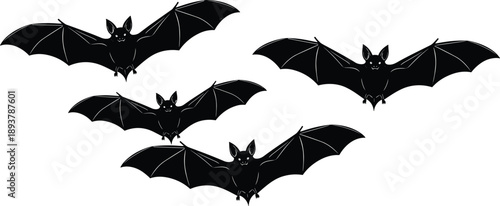 Bat silhouette vector set, black flying nocturnal animal icons, spooky vampire elements for Halloween, dark gothic wildlife illustrations isolated on white background,