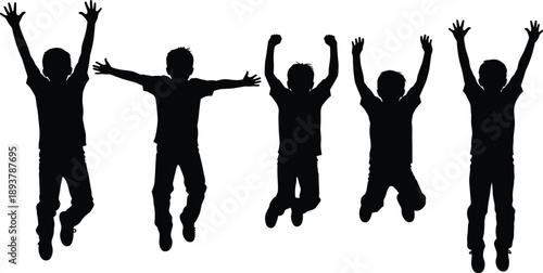 Black silhouettes of five happy kids jumping high with raised arms, isolated on white, vector illustration depicting celebration, excitement, fun childhood, and active lifestyle.