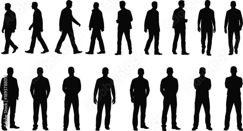Man silhouette collection showing standing and walking poses in different views, full body male figures isolated on white background for people and lifestyle concepts