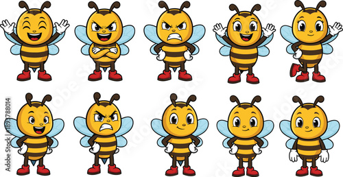 Cute cartoon bee character set with different emotions and poses, funny insect mascot illustration collection