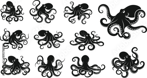 Collection of octopus silhouette vector icons for marine life design, underwater sea animal illustrations, black cephalopod shapes for aquatic nature branding, isolated, aquatic.