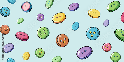 Many different buttons. Buttons for clothes made of plastic. Buttons are scattered on a light background. Many buttons.
