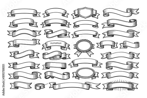 Collection of vintage banners and ribbons in black and white sketch style