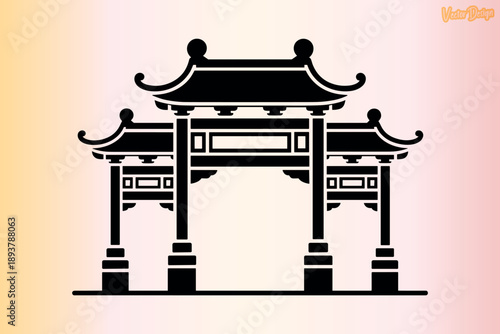 Traditional Chinese Gate Silhouette, Asian Temple Gate Vector, Minimal Chinese Gate Design, Black Chinese Temple Entrance Art