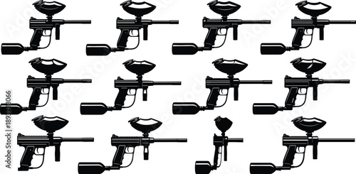 Collection of paintball marker vector silhouettes for extreme sports branding, tactical gun icons for tournament competition design, shooting game equipment symbols, isolated, black.
