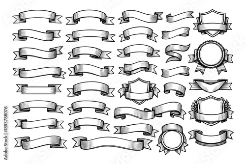 Collection of vintage black and white ribbon banners and shields