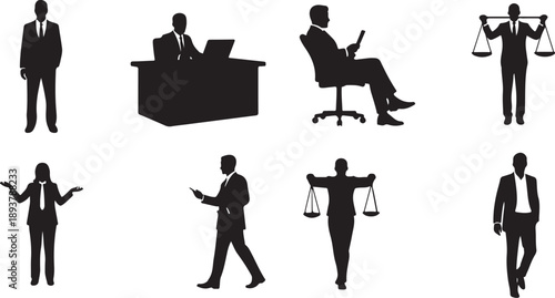 Silhouettes of business professionals and law symbols in black
