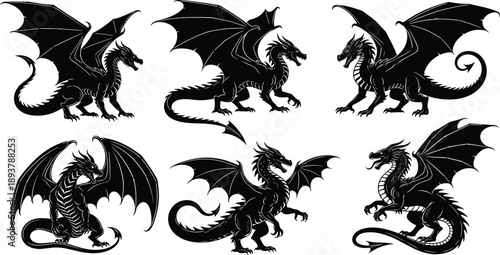 Dragon silhouette vector set, mythical creature black icons, fantasy monster collection, legendary beast wing illustrations, medieval fairy tale elements isolated on white background,