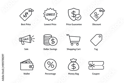Ecommerce icons: best price, shopping cart, discount, savings, coupon