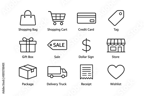 Shopping icons: bag, cart, credit card, tag, gift box, sale, dollar, store, package, delivery