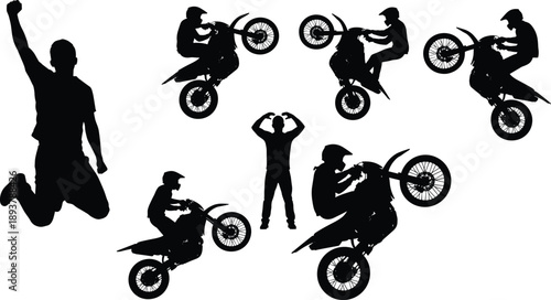 Extreme motocross stunt silhouettes collection featuring dirt bike wheelies, jumping man celebrating victory, freestyle enduro riders, motorcycle sports action, and offroad racing clip art.