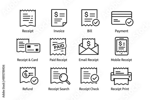 Invoice and receipt icon set featuring payment and email symbols