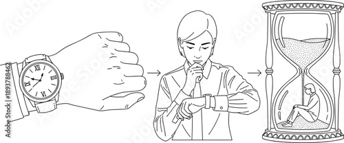 Conceptual vector illustration of time management with a hand wearing a watch, a worried businesswoman checking time, and a person trapped inside an hourglass,