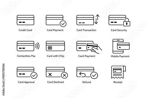 Credit card and payment icon set with contactless, chip, mobile options