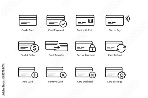 Credit card icons: payment, transfer, security, refund, settings - vector set