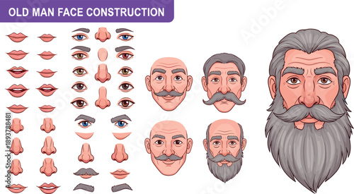 Old man face construction set with eyes, noses, mouths, and hairstyles for character creation, cartoon portrait design, and illustration reference