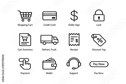 Icon set for e-commerce: shopping cart, credit card, dollar sign, lock, and more