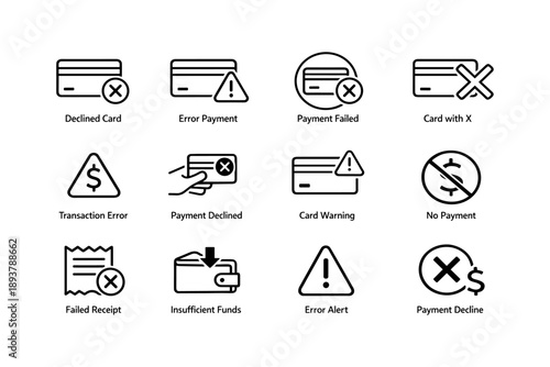 Payment issue icons: declined card, error, insufficient funds, alert symbols