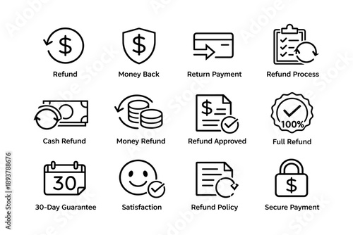 Refund and payment icons: money back, secure payment, satisfaction guarantee