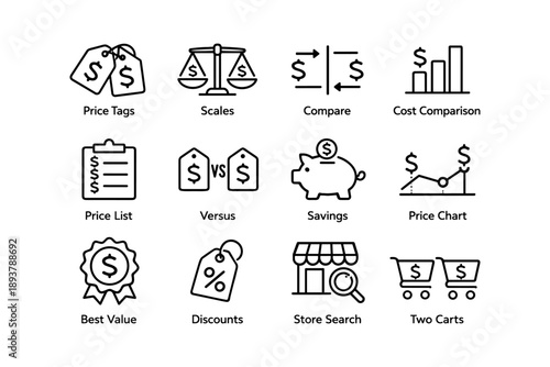 Price comparison and savings icons: tags, scales, cart, and store search