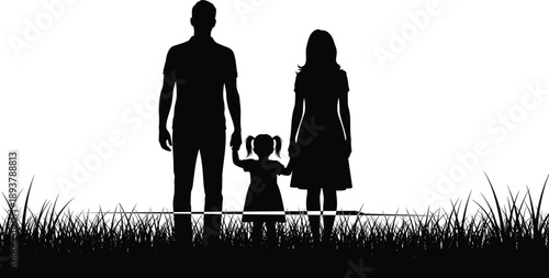Happy family silhouette standing in grass field, father mother and daughter holding hands, nature outdoors vector illustration for insurance, parenting and community concept
