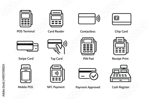 Payment icons: pos terminal, card reader, contactless, chip card, cash register
