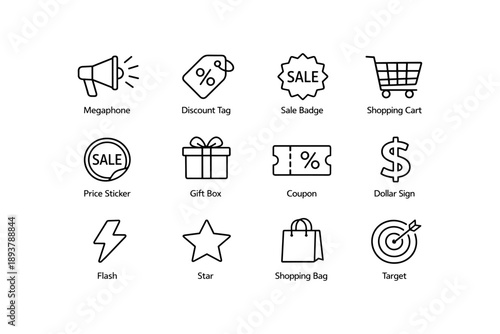 Shopping icons set: megaphone, discount tag, sale badge, cart, price sticker, gift box, coupon, dollar, flash, star, bag, target