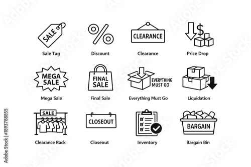 Black and white icons for sale, discount, clearance, and price drop concepts