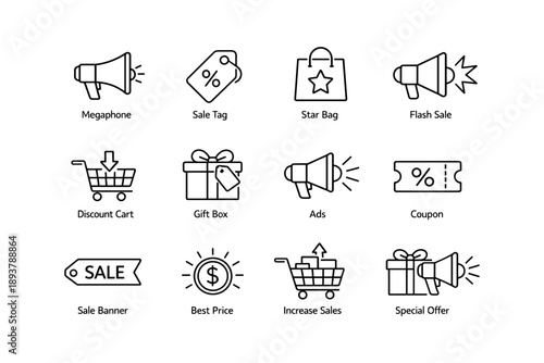 Set of sale icons: megaphone, cart, bag, coupon, tag, gift box