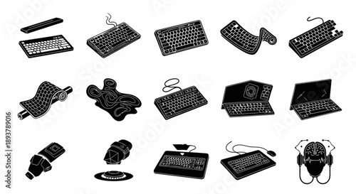 A modern black silhouette icon set featuring twelve original futuristic keyboard concepts, designed to avoid common stock clichés. Each icon represents advanced input technology such as holographic 