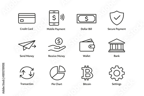 Financial icons set: payment, banking, cryptocurrency, and money management symbols