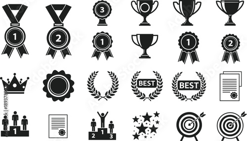 Set of award and achievement icons including trophies, medals, badges, laurel wreaths, crowns, and targets isolated on white background for success and ranking design use